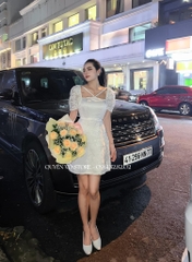 Đầm ren nơ eo viền cườm