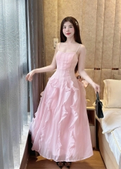 Đầm xòe hồng 2 dây phối bèo