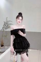 Đầm trễ vai ren tua - Đen