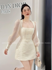 Đầm vuông tay phồng đính nơ đá - Đen - M eo 72