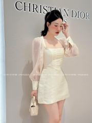 Đầm vuông tay phồng đính nơ đá - Đen - M eo 72