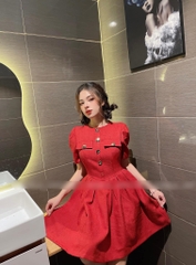 Đầm phối nút cổ tròn