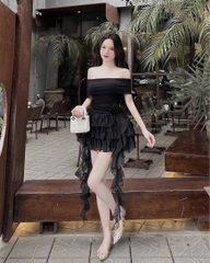 Đầm trễ vai ren tua - Đen