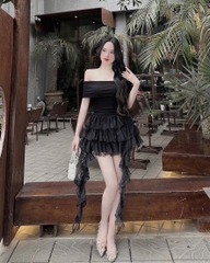 Đầm trễ vai ren tua - Đen