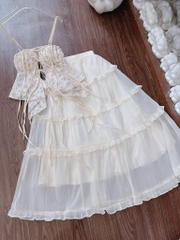 Set áo xô thêu áo 2 dây cột Babydoll chân váy maxi