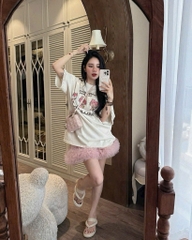 Set áo thun mèo chân váy hồng