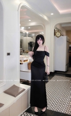 Đầm lụa 2 dây trễ vai - Đen
