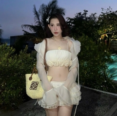 Set khoác crop voan tơ áo ống kết hoa