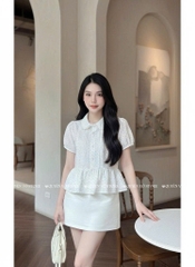 Áo sơ mi babydoll viền bi - Trắng 1465