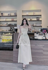 Đầm lụa 2 dây ngực xếp li đính hoa cổ
