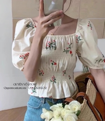 Áo nhún hoa thêu xanh