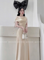 Đầm lụa lệch vai tag bướm - Kem
