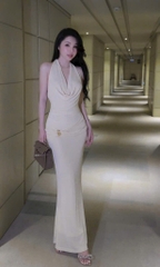 Đầm ôm body maxi thun ánh kim cổ đỗ trước