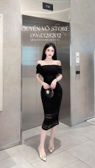 Đầm ôm body ren trễ vai - Đen