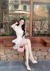 Đầm tơ đính đá ngực - Kem