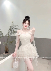 Đầm ren trễ vai hoa vai - Be