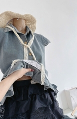 Set áo jean lai bèo chân váy tầng