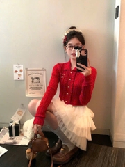 Set áo ôm tay dài cổ trụ chân váy voan 4 tầng