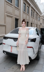 Đầm ôm body trễ vai 2 dây - Kem