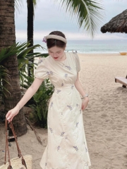 Đầm midi nude nền hoa cổ tròn - Freesize dưới 55kg