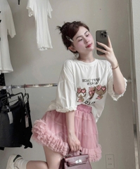 Set áo thun mèo chân váy hồng