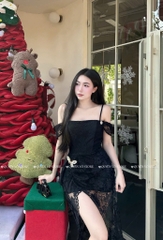 Đầm ren ôm body trễ vai - Đen