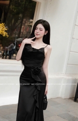 Đầm 2 dây hoa eo xẻ đùi - Đen