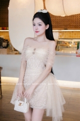 Đầm ren trễ vai phối voan