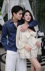 Set voan nude nơ ngực x chân váy tầng