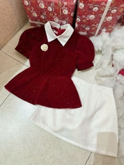 Set áo nhung đỏ kim tuyến peplum chân váy trắng