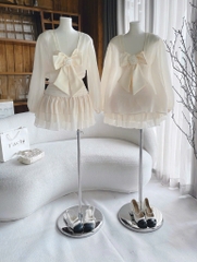 Set voan nude nơ ngực x chân váy tầng