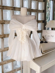 Set áo voan nude 2 dây trễ vai tay loe