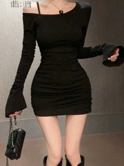 Đầm ôm body lệch vai nhún sườn