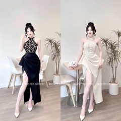 Đầm cổ yếm ren phối lụa ôm body - Kem