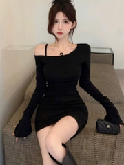 Đầm ôm body lệch vai nhún sườn