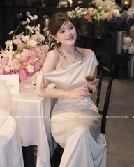 Đầm lụa lệch vai buộc nơ dài - Đen