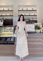 Đầm lụa lệch vai xếp ly eo - Kem