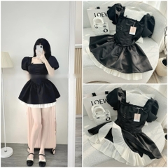 Đầm đen cổ vuông đính nơ