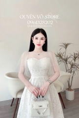 Đầm ren voan tay tiên cổ tròn - Trắng
