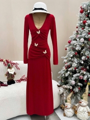Đầm ôm body tay dài đính bướm - Đỏ