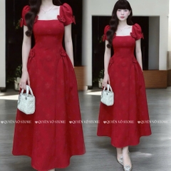 Đầm cổ vuông hoa vai eo - dáng dài