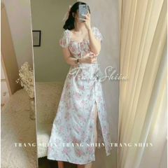 Đầm hoa maxi nhíu ngực xẻ đùi