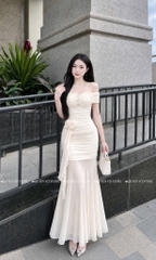 Đầm ôm body trễ vai đá ngực - Kem