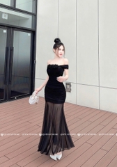 Đầm body trễ vai tà lưới - Đen