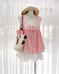Set Babydoll áo ren hồng chân váy xòe  - S eo 64