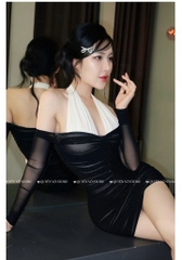 Đầm ôm body lưới phối cổ yếm
