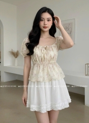 Áo nhún cổ vuông - Hoa hồng