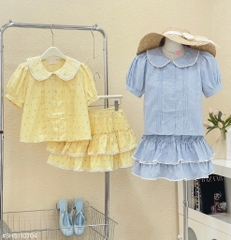 Set hoa nhí cổ sen chân váy - Xanh S