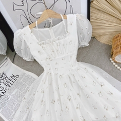 Đầm hoa cổ vuông dây chéo