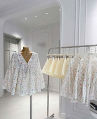 Set Babydoll hoa cổ V tay loe